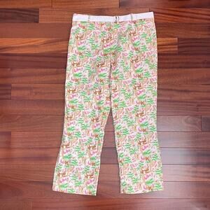 TIBI Cotton Stretch Pant Floral Palm Tree Monkey Print 10 Pink Green Split Ankle